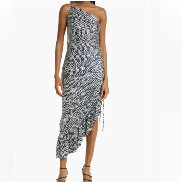 Cinq a Sept Christel One Shoulder Asymmetrical Ruffle Hem Silk Midi Dress Size 2 - Picture 5 of 12